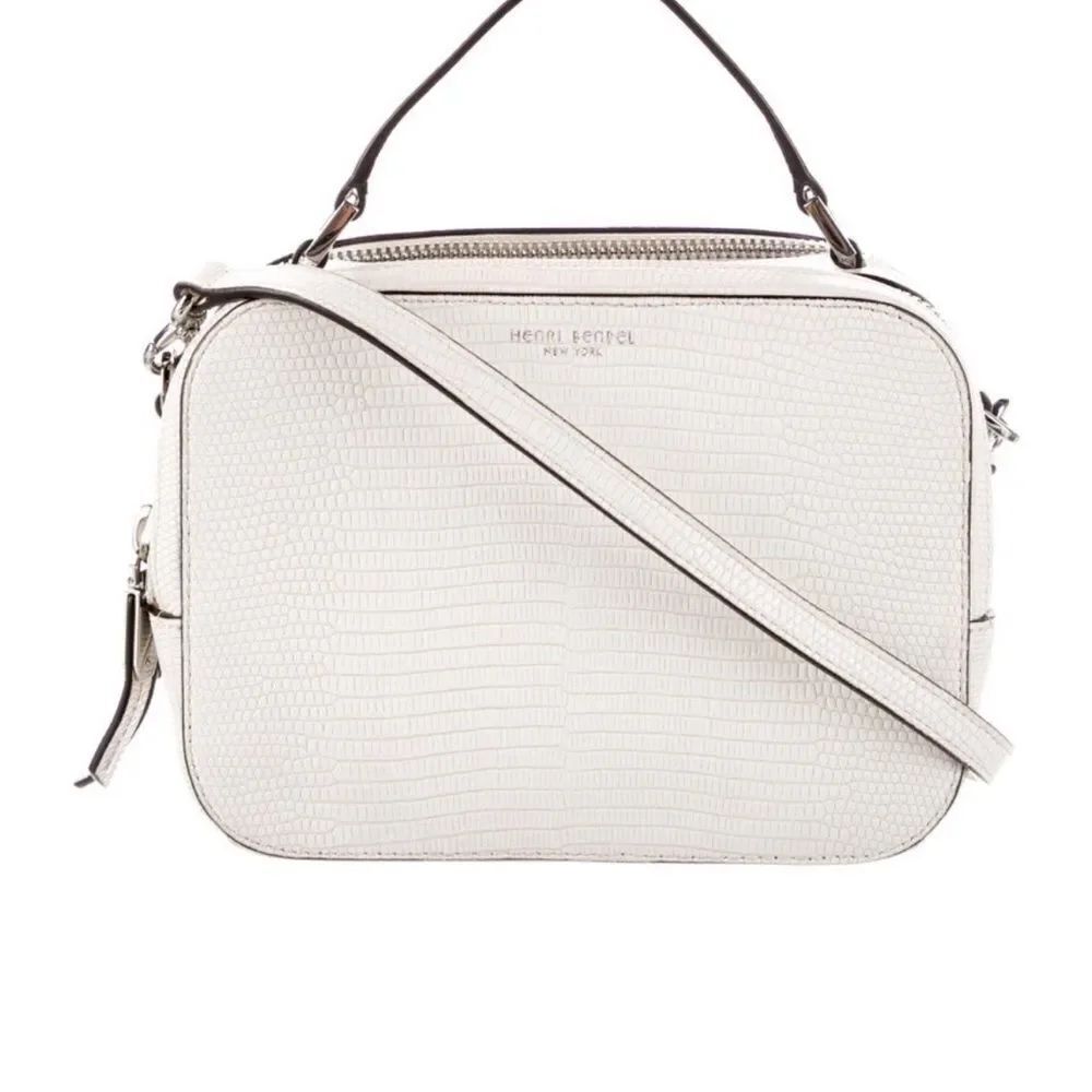 Henri Bendel Cream Lizard-Embossed Double Zipped Camera Bag
